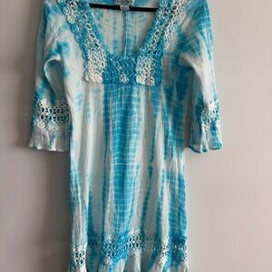 Blue and White Tie-Dye Dress with Crochet Details